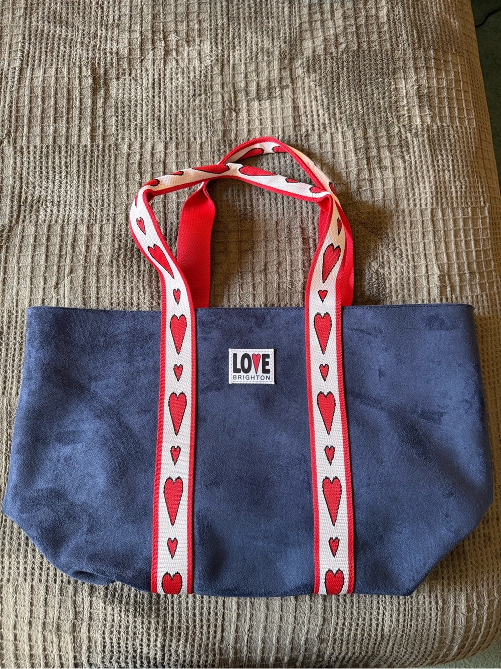 Brighton Navy Tote with Red and White Heart Straps